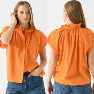 Never A Wallflower Sz L Vicki Short Sleeve Top Ruffle Neck Button Down Blouse